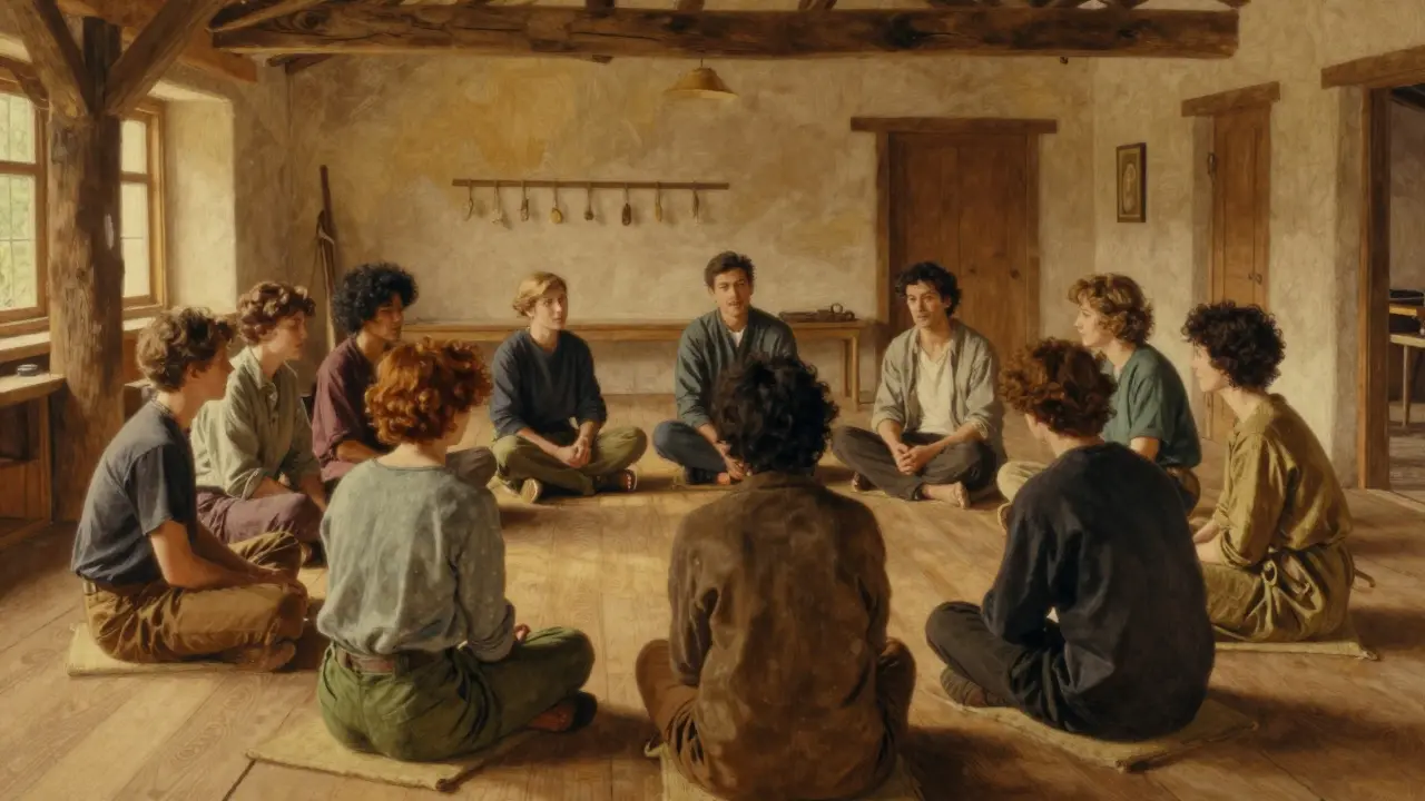 Skupina lidí v teplé místnosti během tréninku dovedností DBT.