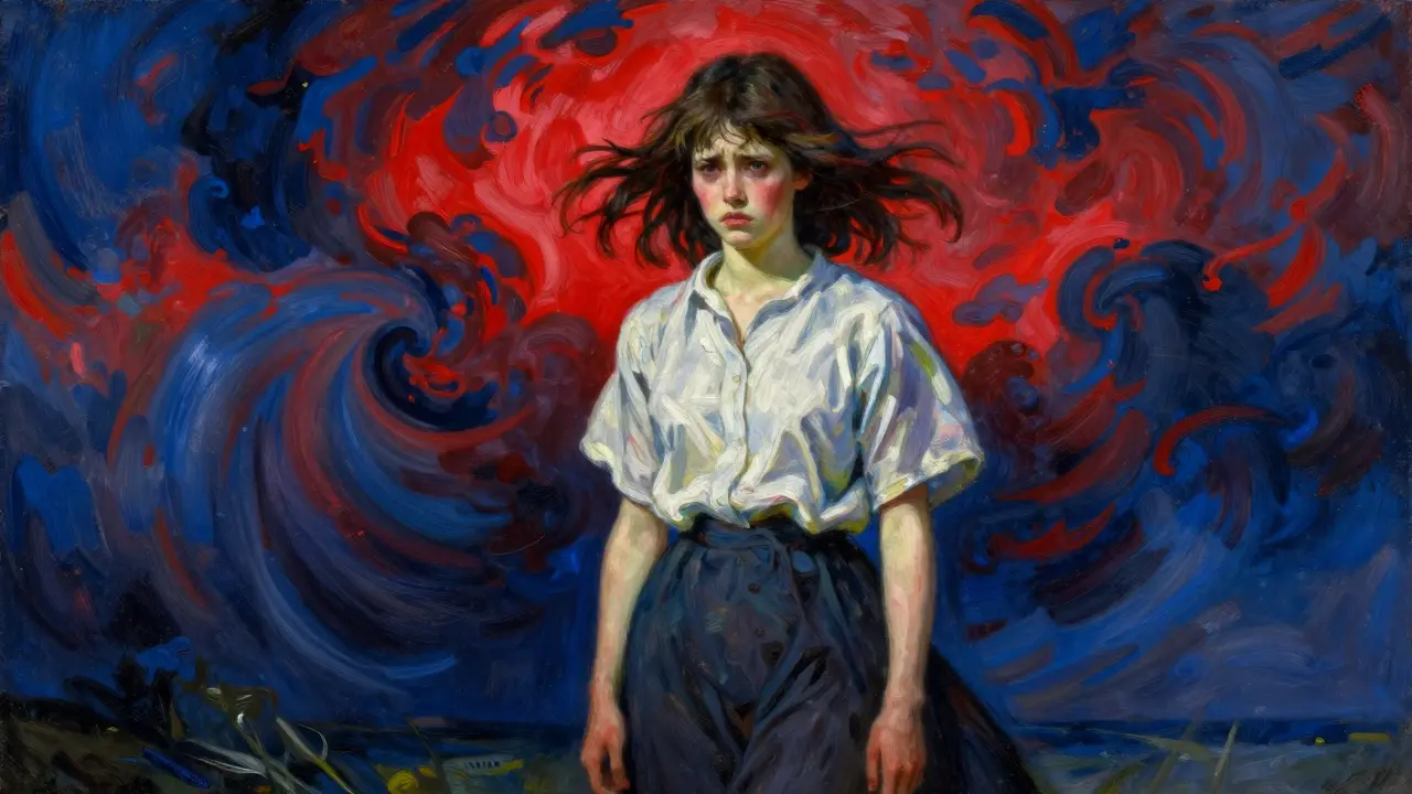 Symbolické znázornění vnitřního rozporu a podrážděnosti dospívající dívky.