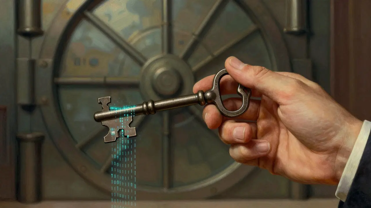 Symbolický obraz starého klíče přecházejícího v digitální kód pro zabezpečení dat.