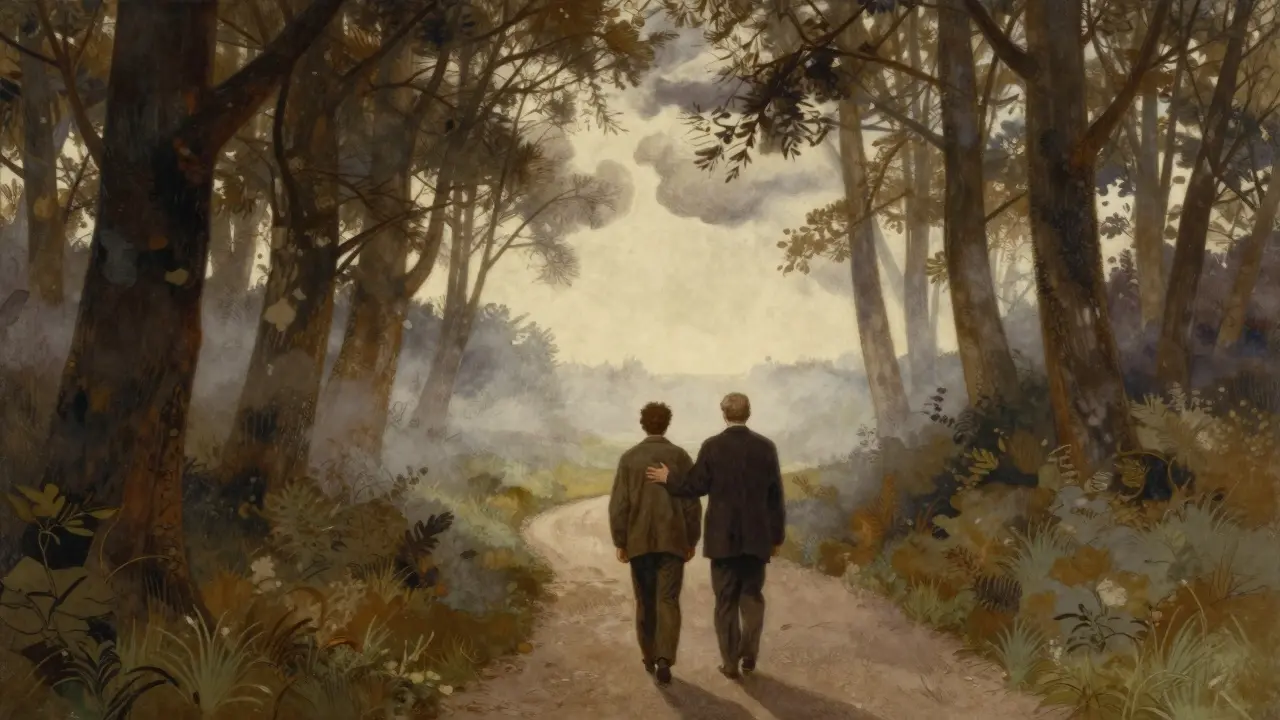 Terapevt a klient kráčející společně cestou k emocionálnímu uzdravení.