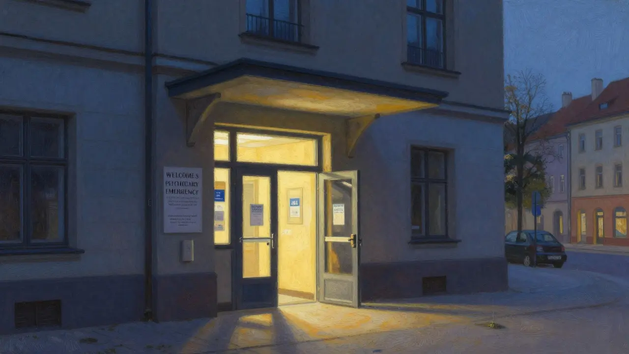 Vstup do psychiatrické pohotovosti v modrém soumraku s teplým světlem z vchodu.
