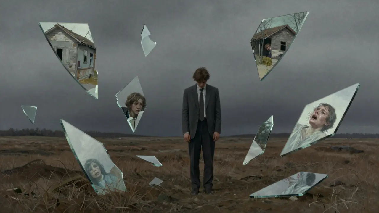 Vyčerpaný člověk v pusté krajině obklopený úlomky zrcadel odrážející utrpení.