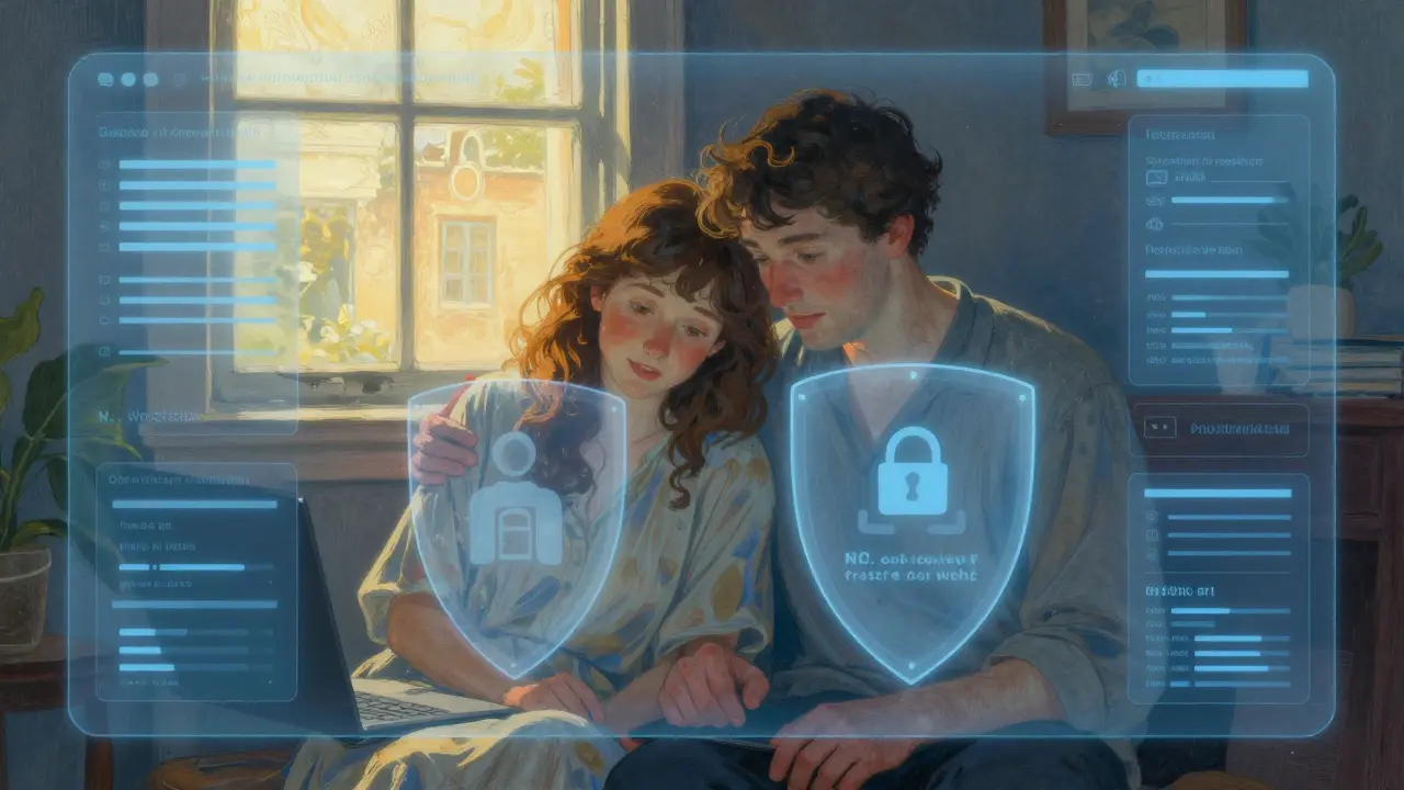 Bezpečný digitální prostor pro pár s ochrannými štíty soukromí, nadějná atmosféra