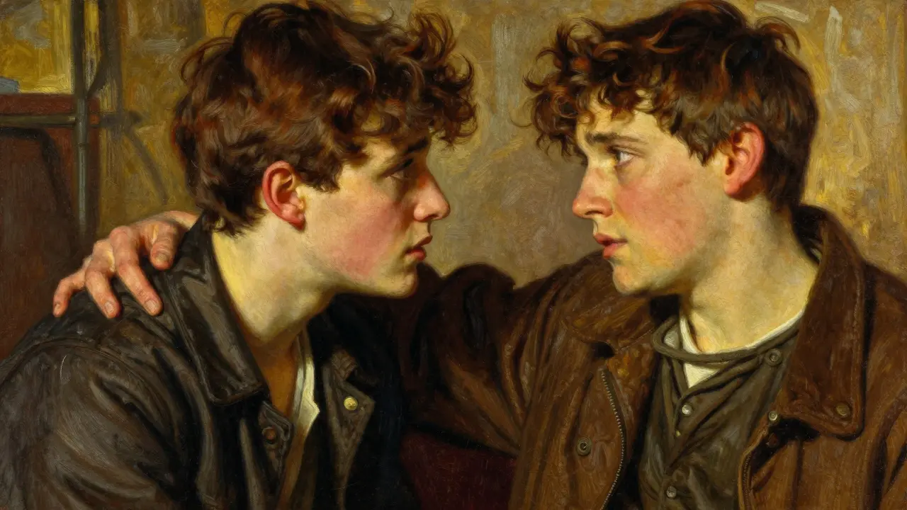 Empatické naslouchání v krizi, styl N.C. Wyeth, teplé světlo.