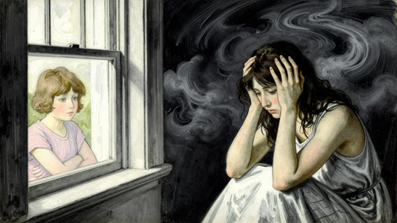 Ilustrace přechodu od smutku k depresi, temné mraky