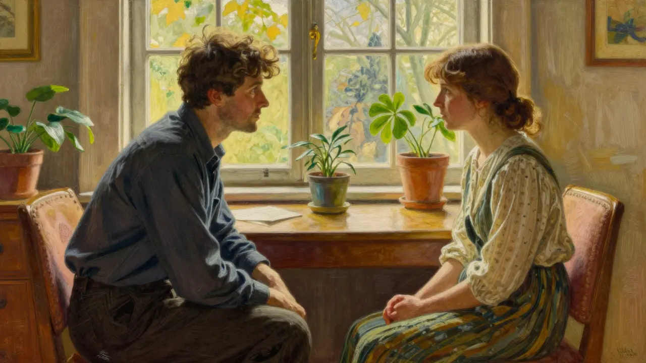 Ilustrace v stylu N.C. Wyetha ukazující bezpečnou a partnerskou dynamiku mezi terapeutem a klientem.
