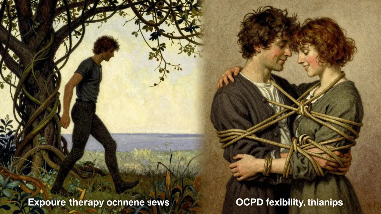 Rozdílné terapeutické cesty pro léčbu OCD a OCPD v ilustraci.