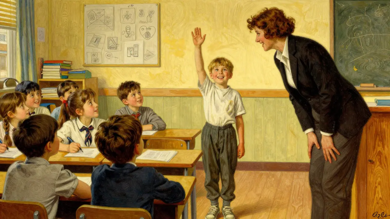 Dítě si sebevědomě zvedá ruku ve třídě, učitelka se usmívá podpořně.