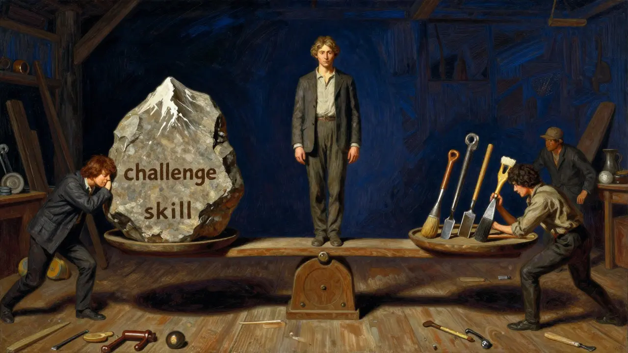 Ilustrace rovnováhy mezi výzvou a dovednostmi ve stylu N.C. Wyetha