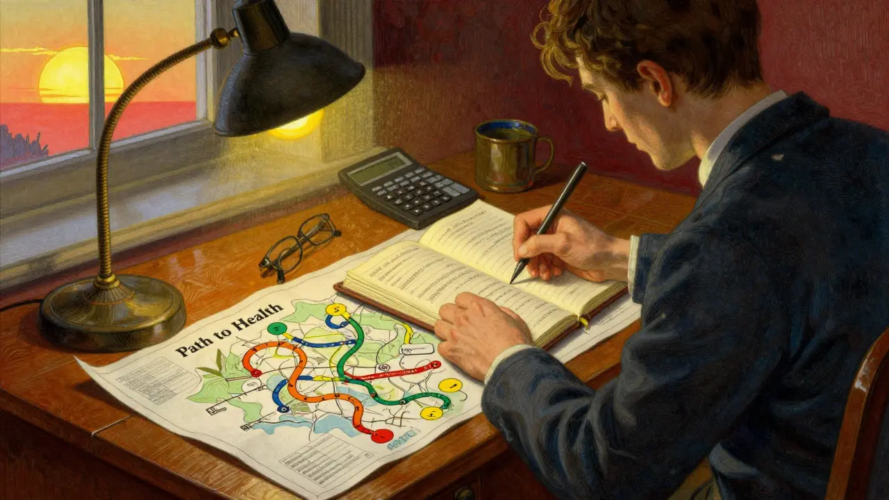 Osoba plánuje rozpočet u stolu s mapou cesty ke zdraví