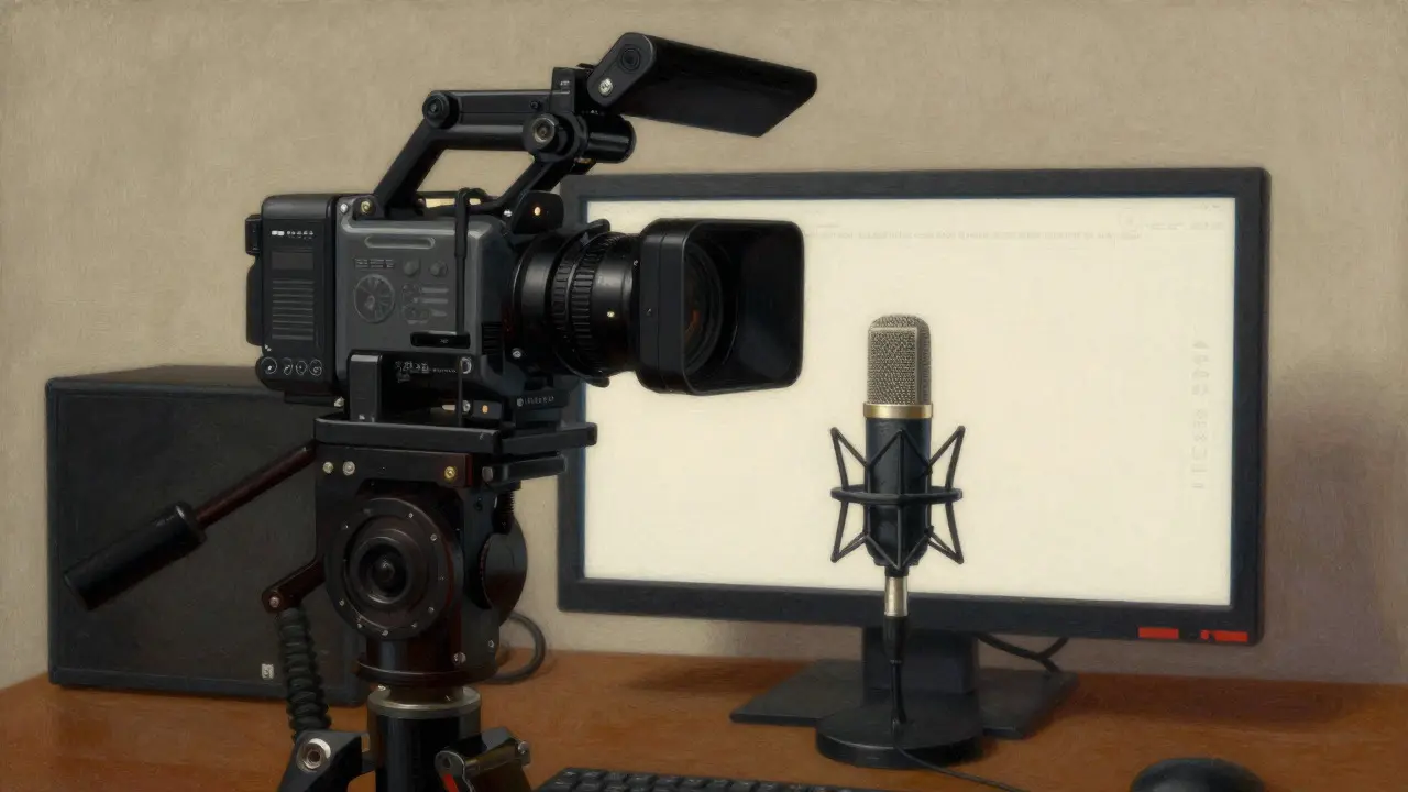 Profesionální kamera a mikrofon umístěné pro kvalitní videohovory