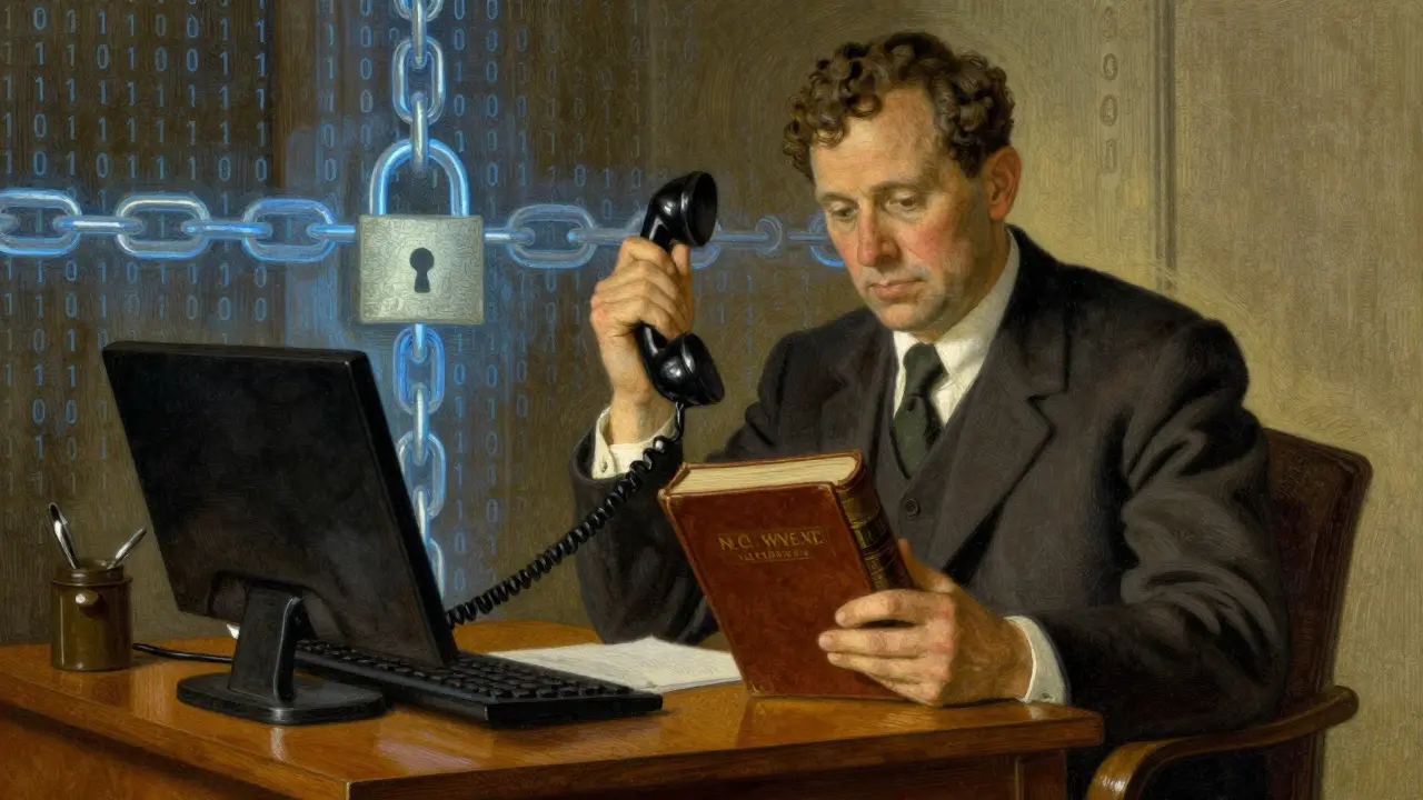 Terapeut s telefonem a zákoníkem, ilustrující právní limity anonymity a povinnost mlčenlivosti.