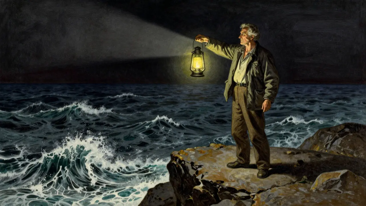 Zkušený terapeut drží lampu nad bouřlivým mořem