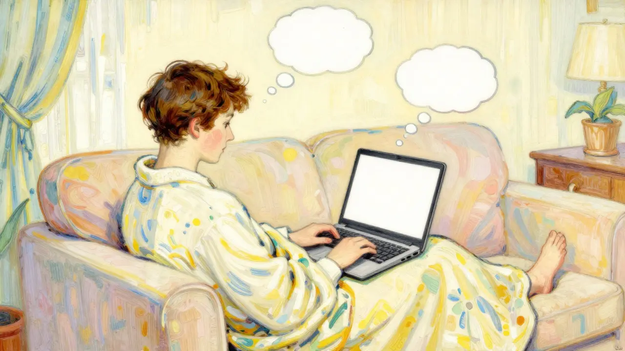 Osoba relaxující doma na gauči během online terapie