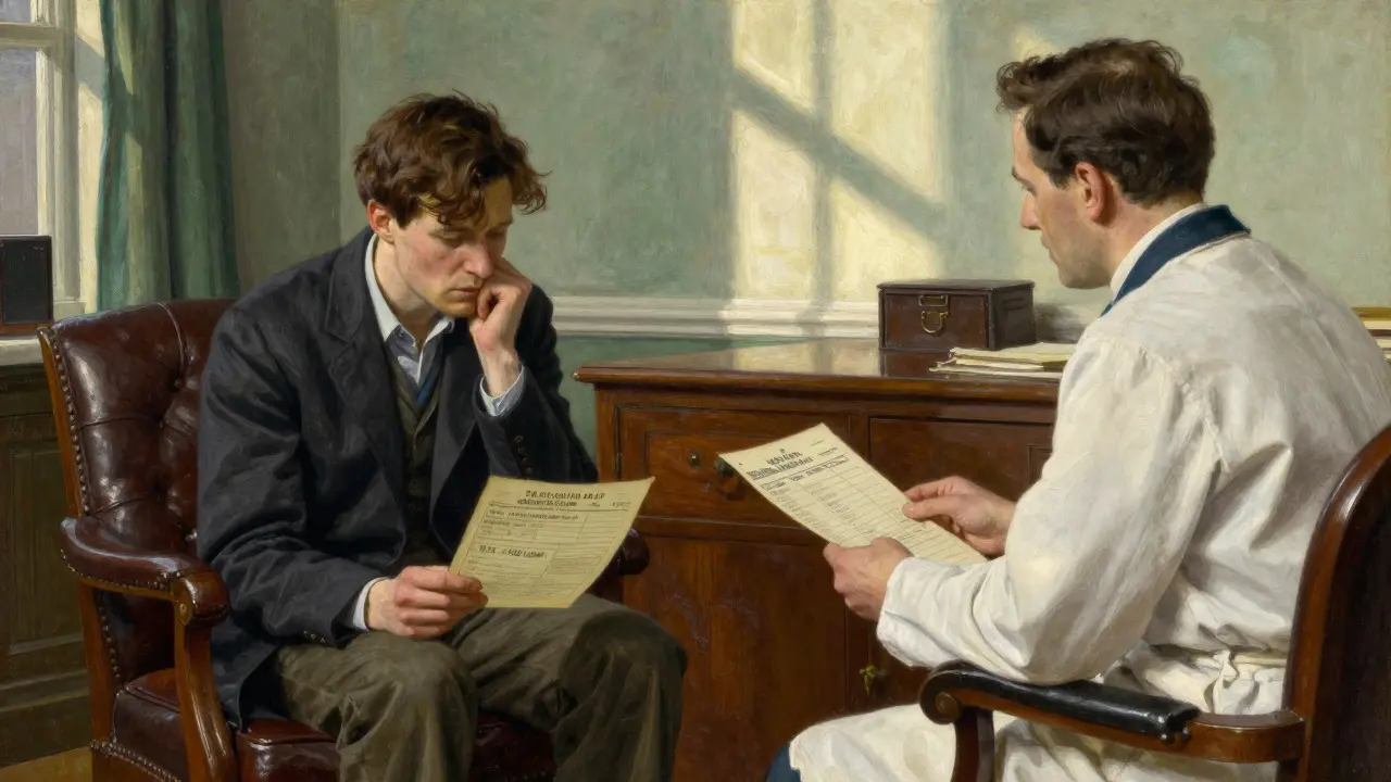 Scéna z psychiatrické konzultace s pacientem držícím staré vysvědčení ve stylu N.C. Wyethe.