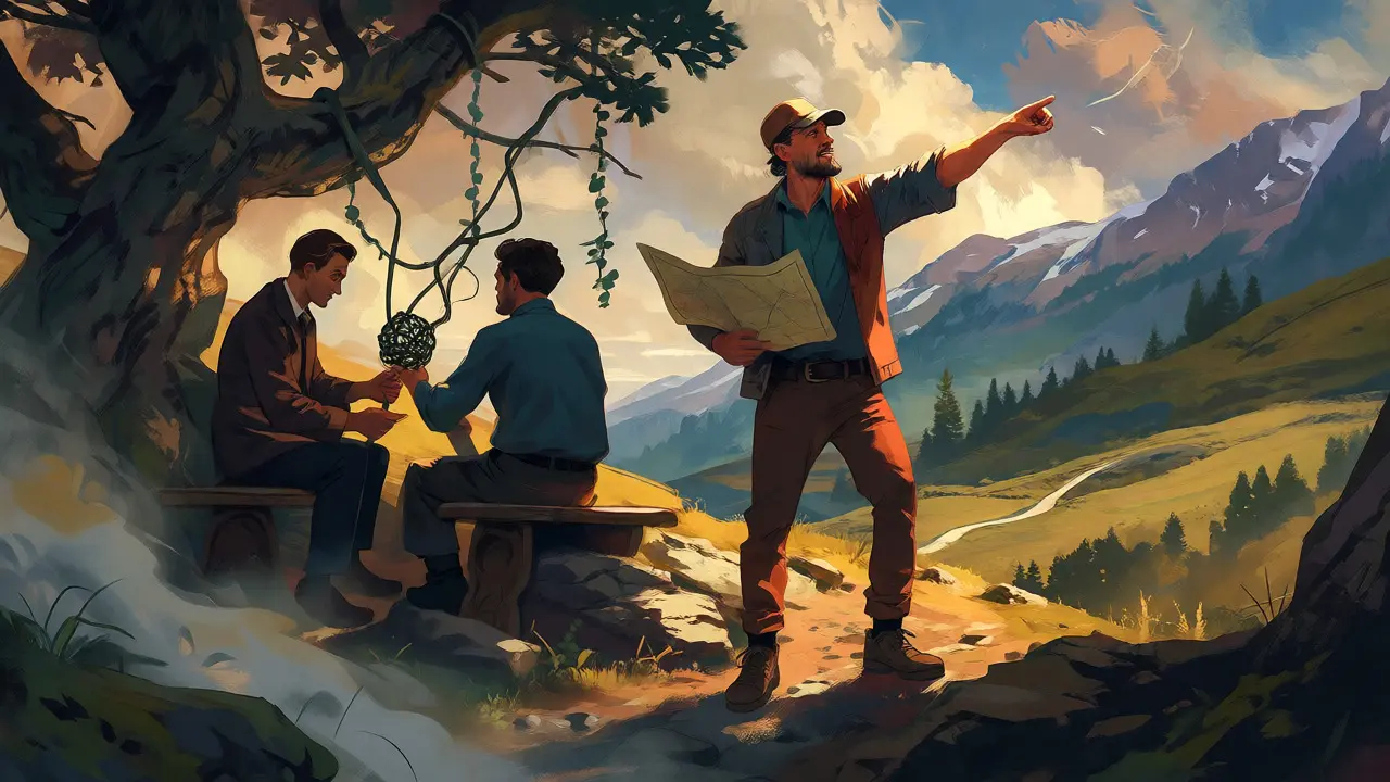 Ilustrace kontrastu mezi aktivním plánováním cílů koučem a hlubinným nasloucháním psychoterapeuta v krajině.