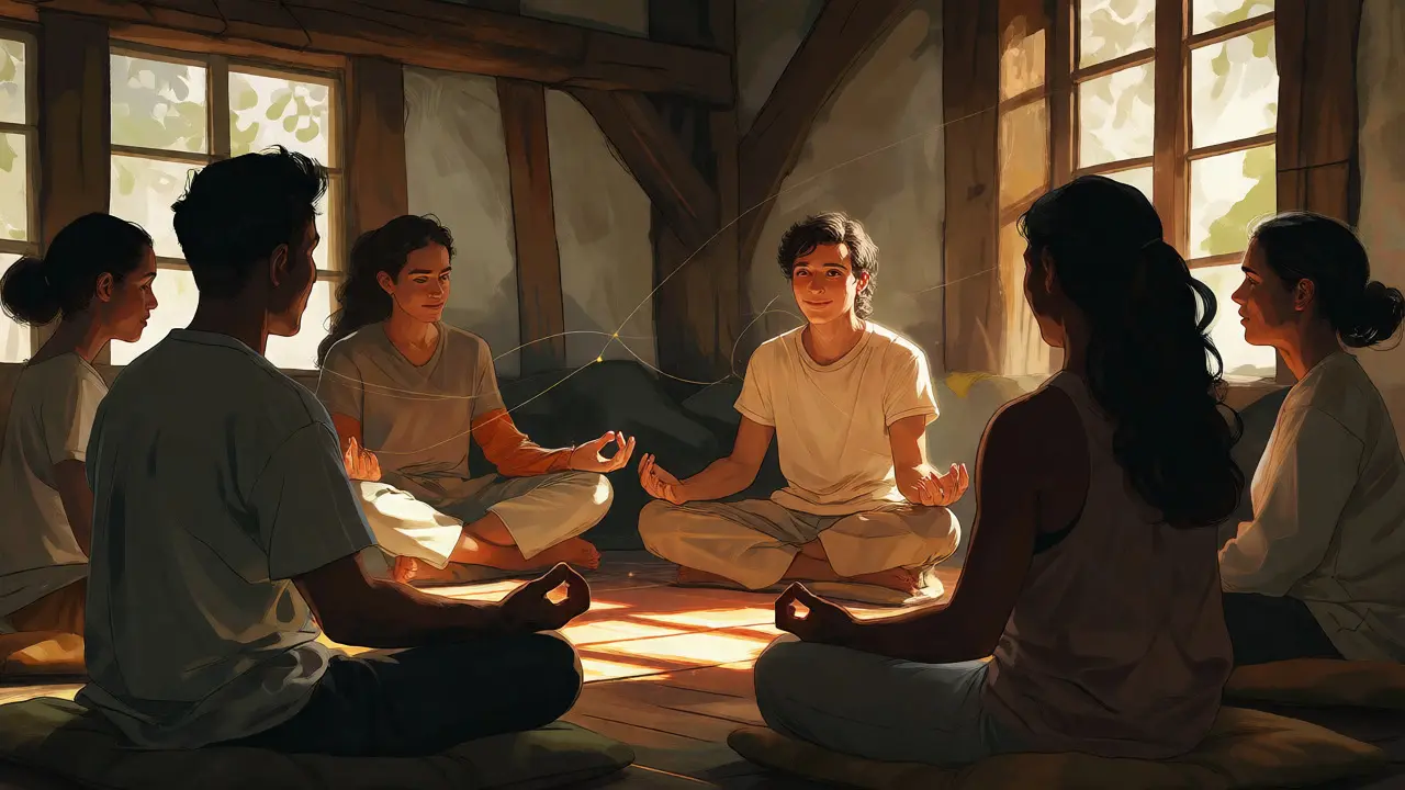 Skupina lidí sedí v kruhu na meditaci v rustikální místnosti s teplým světlem.