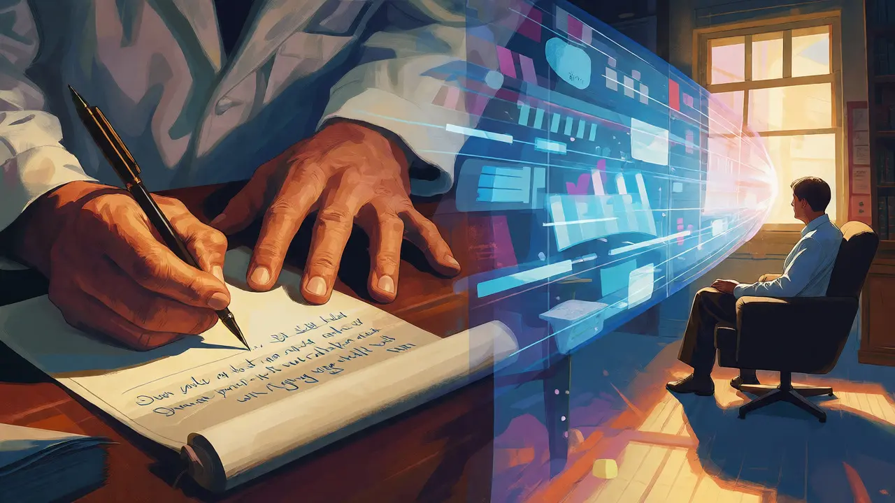 Ilustrace přenosu stručných informací od klienta k terapeutovi pomocí abstraktních vizuálních prvků.